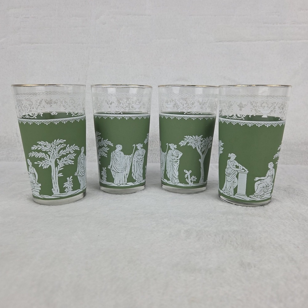 Vintage Jeannette Wedgwood Green Hellenic Pattern 8 Oz Tea Glasses Set Of 4